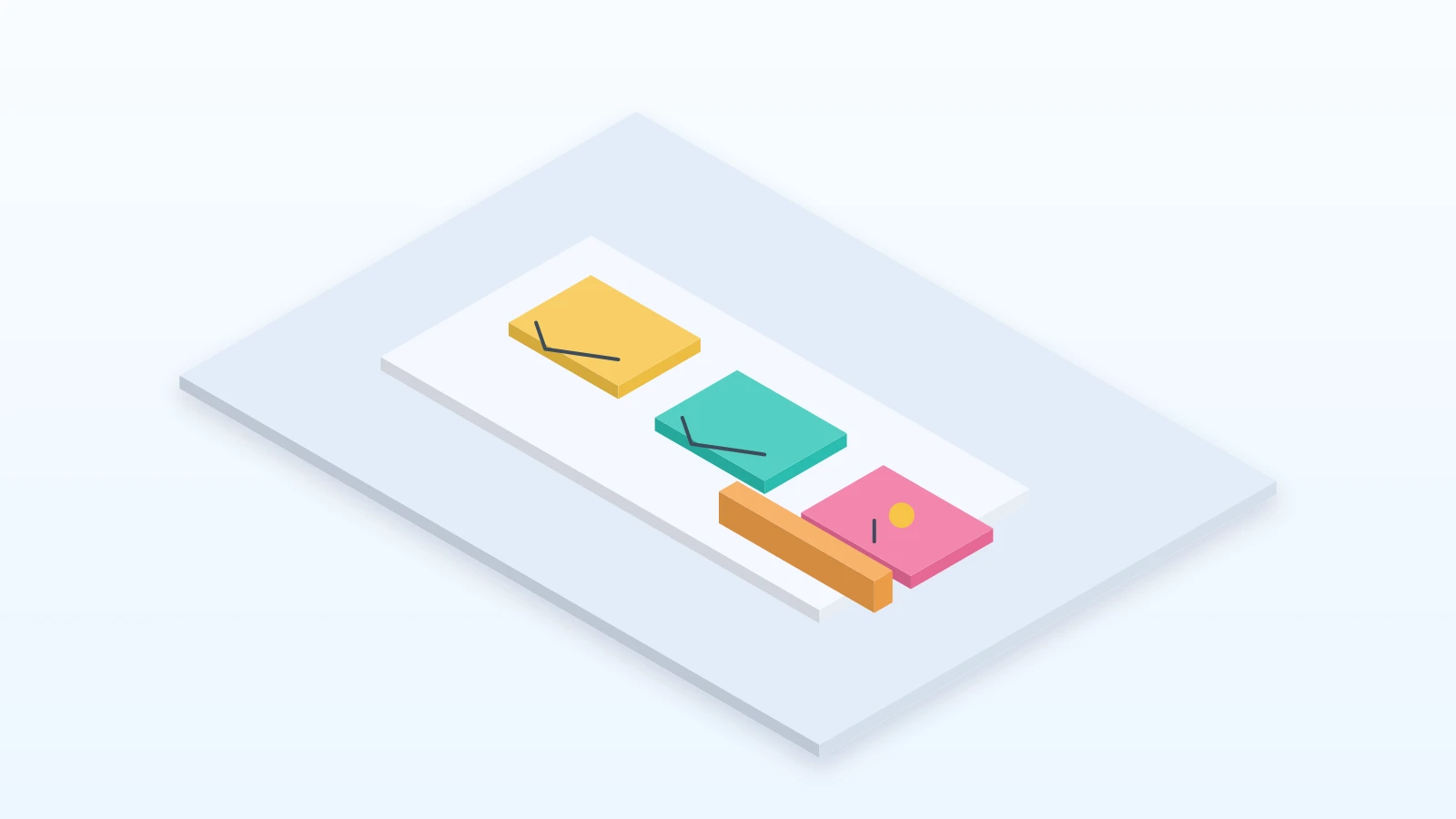 Quadro isometrico de planeamento com notas, checks e uma ideia